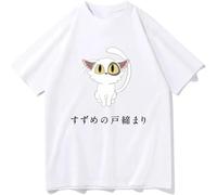 Anime Suzume No Tojimari Cat Daijin Print T Shirt Men Pure Cotton Manga Oversized Breathable Tee White S