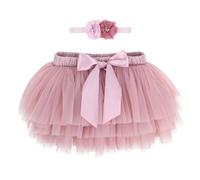 ANIMQUE Tutù Principessa per Bebè e Bambine 1-2 Anni - Mini Gonna Super Morbida in Tulle con Strati, Elastico in Vita, Copri Pannolino e Fascia - Rosa Polverosa L