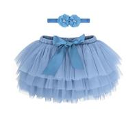 ANIMQUE Tutù Principessa per Bebè e Bambine 1-2 Anni - Mini Gonna Super Morbida in Tulle con Strati, Elastico in Vita, Copri Pannolino e Fascia - Blu Polvere L