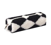 Aniute Astuccio in peluche per ragazze, grazioso astuccio per penne e matite arcobaleno, morbido astuccio per matite, trousse per il trucco, per la scuola, per bambini (scacchiera - nero)