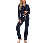 Anjue Pigiama da donna con bottoni morbidi, set pigiama a maniche lunghe, camicia e pantaloni da pigiama, set S-XXL, blu navy, S