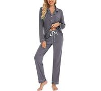 Anjue Pigiami con Bottoni da Donna Camicia a Maniche Lunghe e Pantaloni del Pigiama Set Lounge S-XXL, Grigio ferro, Medium
