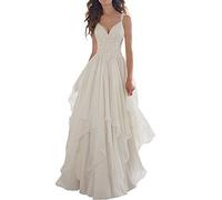 ANJURUISI Donna V-Collo Appliques Tulle Chiffon Beach Abito da Sposa per la Sposa Bianco-46