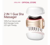 ANLAN Massaggiatore Gua Sha 2 in 1 con Testina in Giada Naturale, LED a 3 Colori, Microcorrente per la Cura della Pelle, Pettine Massaggiante Vibrante per la Cura del Cuoio Capelluto