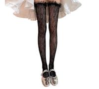 ANMITI Donne Giapponesi Coscia Calze Alte Con Increspature Pizzo Trim Fiore Cavato Fantasia Mesh Sopra il Ginocchio Calze Lunghe Fiore Vintage Calze di Pizzo Calze, Nero , Taglia unica
