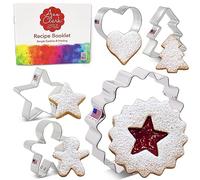 Ann Clark Christmas Linzer - Set di 5 formine per biscotti a forma di cerchio, scanalate, mini cuore, mini albero di Natale, stella, omino di pan di zenzero