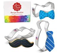 Ann Clark Cookie Cutters Set di 3 formine per biscotti Little Man per festa del papà, compleanno del ragazzo con papillon, baffi, cravatta, libretto di ricette