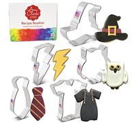 Ann Clark Cookie Cutters - Set di 5 formine per strega e strega, con ricettario, gufo, fulmine, cappello da strega, mantello e sciarpa