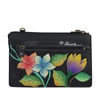 Anna by Anuschka Portafoglio da donna in pelle con cordoncino, dipinto a mano, esterno originale, motivo floreale di mezzanotte, nero con uccelli nel paradiso, taglia unica