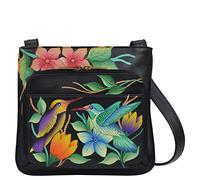 Anna by Anuschka Womens Leather Slim Shoulder, Organizer a Spalla da Donna in Vera Pelle, Birds in Paradise-Nero, Taglia Unica