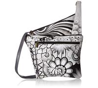 Anna by Anuschka womens Medium Anna Anuschka Handpainted Women s Genuine Leather Asymmetric Slim Crossbody Bag with Zippered Poc, Patchwork Pewter, One Size US