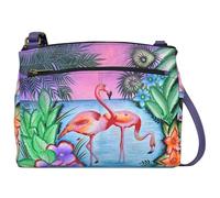 Anna by Anuschka Women's Original Leather Hand-Painted Cross Body Organizer, Donna Dipinta a Mano, Borsa a Tracolla Vera Pelle, Fenicotteri Tropicali, Taglia Unica
