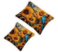 Anna Cowper 2 borse cosmetiche tascabili per borse, piccola borsa per il trucco in pelle, portatile, senza cerniera, portamonete, gioielli, girasoli e uccelli, Multicolore 1., Small and Large, Moda