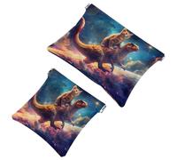 Anna Cowper 2 borse cosmetiche tascabili per borse, piccola borsa per il trucco in pelle, portatile, senza cerniera, portamonete e gioielli, motivo dinosauro che cavalca lo spazio, Multicolore 6.,