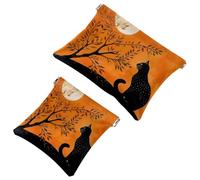 Anna Cowper 2 borse cosmetiche tascabili per borse, piccola borsa per il trucco in pelle, portatile, senza cerniera, portamonete e gioielli, gatto della metà del secolo scorso, foglia luna,