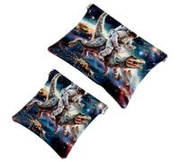 Anna Cowper 2 borse cosmetiche tascabili per borse, piccola borsa per il trucco in pelle, portatile, senza cerniera, portamonete e gioielli, motivo dinosauro che cavalca lo spazio, Multicolore 1.,