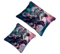 Anna Cowper 2 borse cosmetiche tascabili per borse, piccola borsa per il trucco in pelle, portatile, senza cerniera, portamonete e gioielli, motivo dinosauro che cavalca lo spazio, Multicolore 5.,