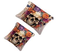 Anna Cowper 2 borse cosmetiche tascabili per borse, piccola borsa per il trucco in pelle, portatile, senza cerniera, portamonete, gioielli, teschio, farfalle, fiori, Multicolore 1., Small and Large,