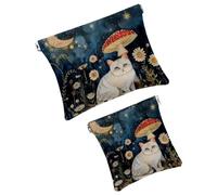 Anna Cowper 2 borse cosmetiche tascabili per borse, piccola borsa per il trucco in pelle, portatile, senza cerniera, portamonete, gioielli, funghi, gatto fiore, Multicolore 1., Small and Large, Art