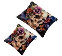 Anna Cowper 2 borse cosmetiche tascabili per borse, piccola borsa per trucco in pelle, portatile, senza cerniera, portamonete, gioielli, teschi neri rosa, Multicolore 3, Small and Large, Moda