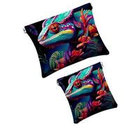 Anna Cowper 2 piccole trousse per il trucco, motivo floreale tropicale, camaleonte, tascabile, da spremere, portatile, da viaggio, idea regalo per donne, Multicolore 2., Small and Large, Moda