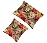 Anna Cowper 2 pochette per cosmetici tascabili per borse, piccola borsa per il trucco in pelle, portatile, senza cerniera, portamonete, gioielli, leopardi fiori, Multicolore 1., Small and Large, Moda