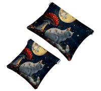 Anna Cowper 2 trousse tascabili per cosmetici, in pelle, piccole trousse per cosmetici, portatile, senza cerniera, portamonete, gioielli, gatto che cavalca uno squalo, Multicolore 2., Small and Large,