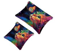 Anna Cowper 2 trousse tascabili per cosmetici, in pelle, piccole trousse per cosmetici, portatile, senza cerniera, portamonete, gioielli, gatto che cavalca uno squalo, Multicolore 8., Small and Large,