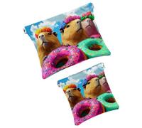 Anna Cowper Borsa cosmetica tascabile per borse, piccola borsa per il trucco in pelle, portatile, senza cerniera, portamonete e gioielli, fungo Capybara, 2 pezzi, Multicolore 16, Small and Large, Art