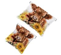 Anna Cowper Borsa cosmetica tascabile per borse, piccola borsa per il trucco in pelle, portatile, senza cerniera, portamonete e gioielli, girasoli neri con mucca, Multicolore 4., Small and Large, Moda