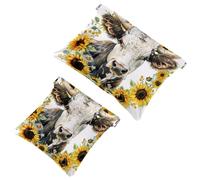Anna Cowper Borsa cosmetica tascabile per borse, piccola borsa per il trucco in pelle, portatile, senza cerniera, portamonete e gioielli, girasoli neri con mucca, Multicolore 3, Small and Large, Moda