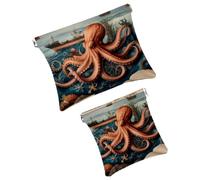 Anna Cowper Borsa cosmetica tascabile per borse, piccola borsa per il trucco in pelle, portatile, senza cerniera, portamonete e gioielli, motivo: polpo oceano, Multicolore 9, Small and Large, Art Deco