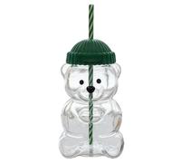 Annadue Tazza di Cannuccia con Orso da 20 Once, Tazza di Vetro con Orsetto di Miele Carino con Coperchio, Cannuccia con Orso di Miele per Bevande Al caffè Latte tè