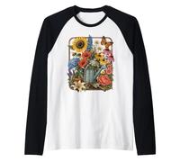 Annaffiatoio Vintage con Fiori da Giardino, Farfalla Maglia con Maniche Raglan