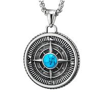 Annata Bussola Cerchio Médaille Ciondolo con Pietre Turchese, Collana con Pendente da Uomo Donna, Acciaio, Due Lati