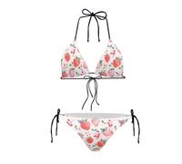 Annejudy Bikini da donna con allacciatura al collo, 2 pezzi, costume da bagno a triangolo con cravatta sfacciata, costumi da bagno laterali, Motivo fragola, L