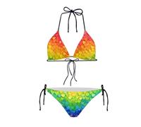 Annejudy Bikini da donna con allacciatura al collo, 2 pezzi, costume da bagno a triangolo con cravatta sfacciata, costumi da bagno laterali, Cuori arcobaleno, L