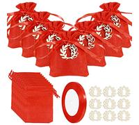 Annhao 30 Pezzi Bomboniere Laurea Sacchetti Iuta Laurea Rosso+ 30 Pezzi Corona Alloro Laurea in Legno+ Nastro Raso Rosso Sacchetti Confetti, Sacchetti portaconfetti per Comunione Battesimo Matrimonio