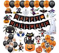 Annhao 63 Pezzi Kit Decorazione Halloween, Banner Happy Halloween, Palloncini Coriandoli, Palloncini in Lattice, Turbinii Sospesi, Gatto di Zucca, Ragnatela per Festa Interno Casa Ristorante Bar