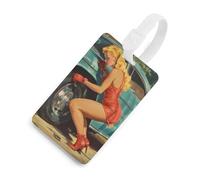 Anni '50 Vintage Pin-up Fissaggio Pneumatico Piatto Divertente Etichetta Bagaglio Valigia da Viaggio Etichetta con Privacy Nome ID per Baggage Bag Zaino, Stile bianco, Taglia unica