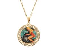 Anni '50 Vintage Pin-up Fissaggio Pneumatico Piatto Donna Collana Pendente Personalizzato Rotondo Diamante Collane Gioielli Regali per gli Uomini Compleanno, Misura unica, Metallo