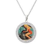 Anni '50 Vintage Pin-up Fissaggio Pneumatico Piatto Donna Collana Pendente Personalizzato Rotondo Diamante Collane Gioielli Regali per gli Uomini Compleanno, Misura unica, Metallo