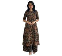 ANNI Designer Kurta da donna in misto viscosa, con stampa dritta, con palazzo, maniche lunghe al gomito, con scollo stretto e spacco sulla schiena, tessuto morbido e confortevole, 2 pezzi, Nero , 4XL