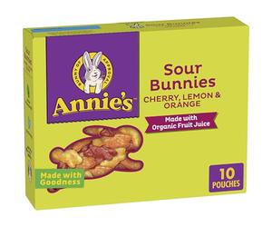 Annie's Sour Bunnies - Spuntini per bambini con aroma di frutta, ciliegia, limone e arancia, spuntini per il pranzo della scuola, realizzati con succo di frutta biologico, 10 pezzi, 200 ml