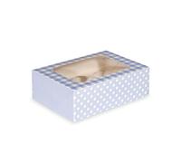 Anniversary House 12 scatole blu per cupcake con finestra e inserti rimovibili a 6 fori, stampa a quadretti e pois, facile da montare, 1 confezione, 7,5 x 16 x 23 cm, J162AMZ
