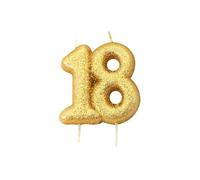 Anniversary House AHC203 - Candela glitterata in oro metallizzato, numero 18, 18° compleanno, 7 cm