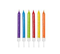 Anniversary House Confezione da 12 candele di compleanno multicolore glitterate con supporti, 7,5 cm, decorazione per torta di festa, AHC221, arcobaleno luminoso