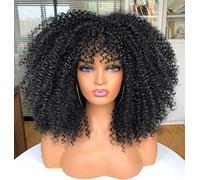Annivia - Parrucche di capelli ricci lunghi da 40,6 cm da donna, parrucca afro con frangia, in fibra sintetica, senza colla, colore nero