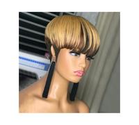 Annodato a mano Parrucche corte Pixie Cut con frangia nere e bionde Lisce Densità 150% Attaccatura dei capelli