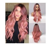Annodato a mano Parrucche sintetiche lunghe rosa ombre for le donne parrucche cosplay ondulate della parte centrale parrucca di capelli naturali rossa resistente al calore Attaccatura dei capelli